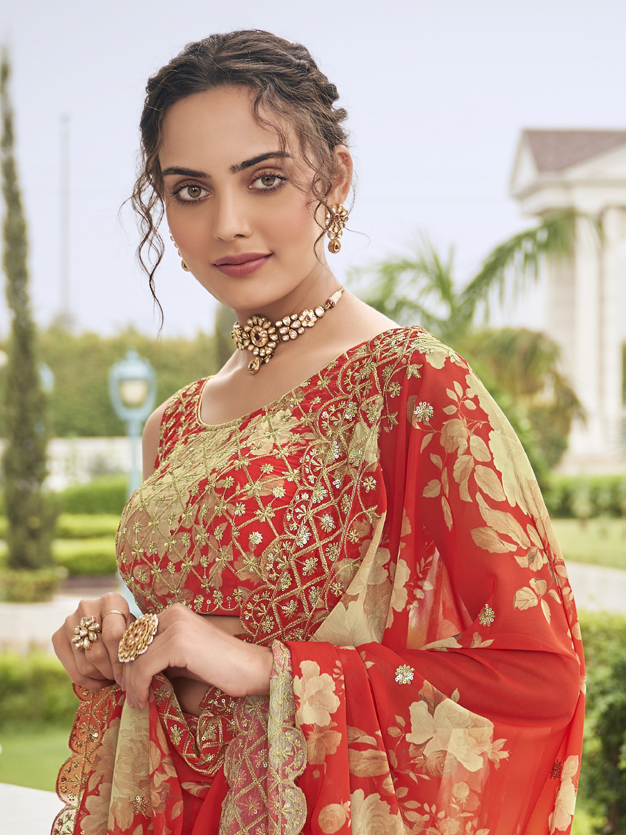 Orange Pure Faux Georgette Embroidered Wedding Festival Circular Lehenga Choli