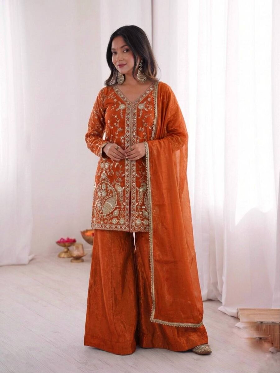 Orange Pure Fendy Silk Embroidery Sequins Wedding Party Festival Casual Ready Palazzo Pant Salwar Kameez