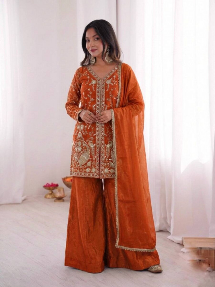 Image of Orange Pure Fendy Silk Embroidery Sequins Wedding Party Festival Casual Ready Palazzo Pant Salwar Kameez