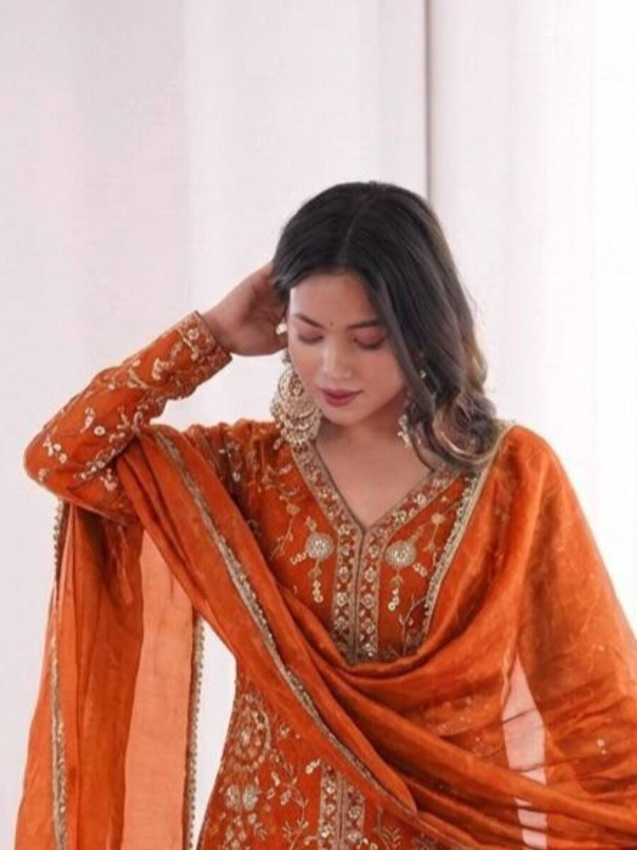 Orange Pure Fendy Silk Embroidery Sequins Wedding Party Festival Casual Ready Palazzo Pant Salwar Kameez