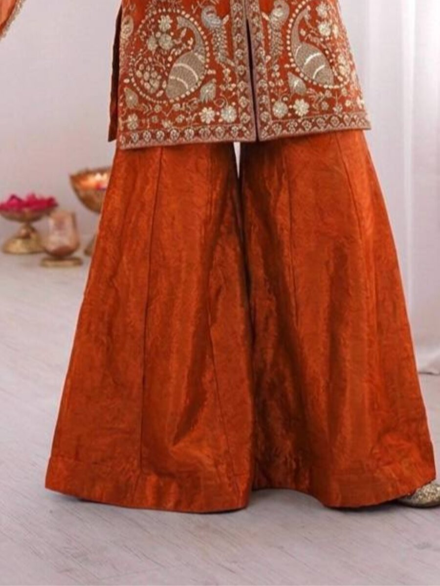 Orange Pure Fendy Silk Embroidery Sequins Wedding Party Festival Casual Ready Palazzo Pant Salwar Kameez