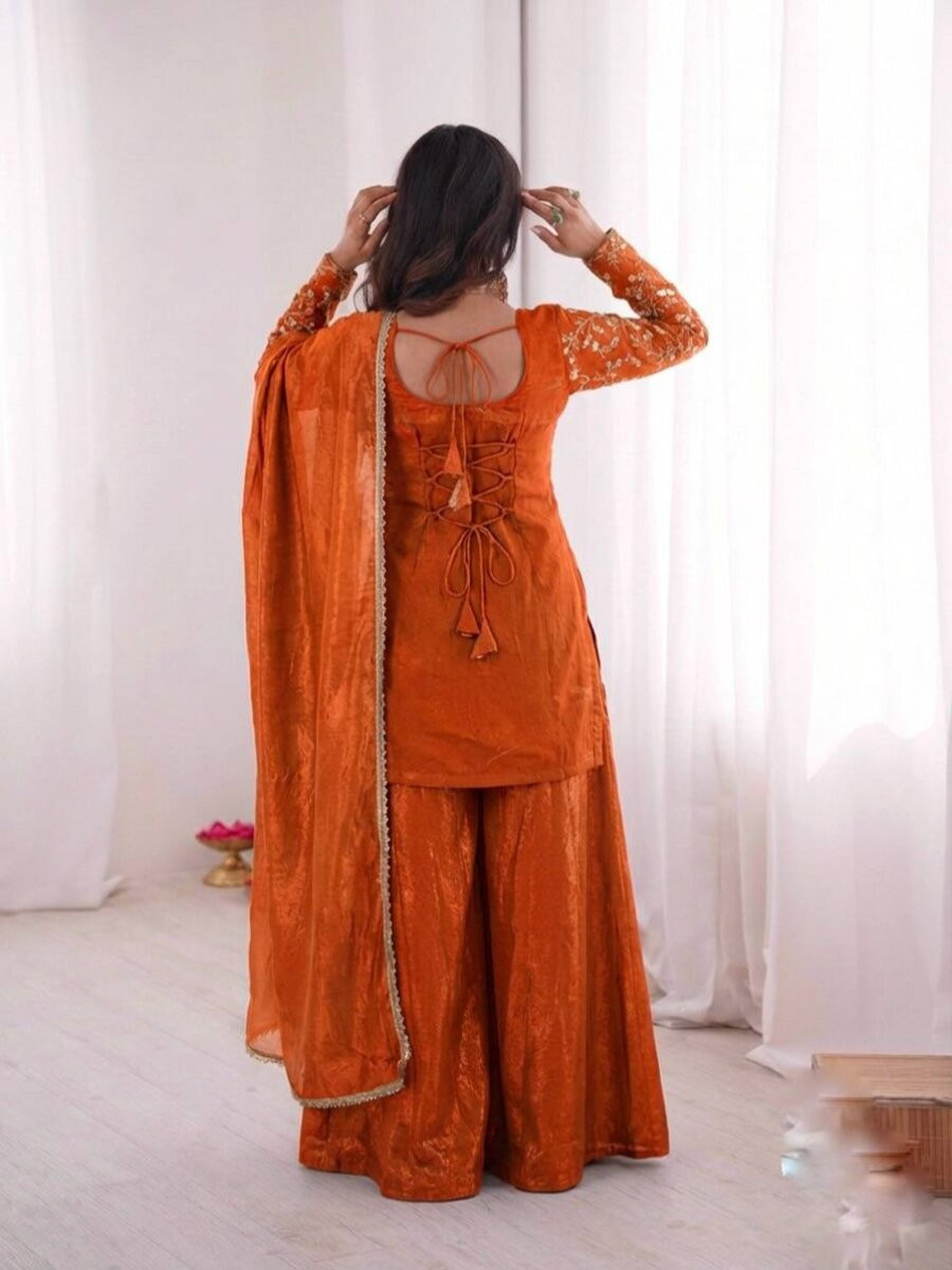 Orange Pure Fendy Silk Embroidery Sequins Wedding Party Festival Casual Ready Palazzo Pant Salwar Kameez