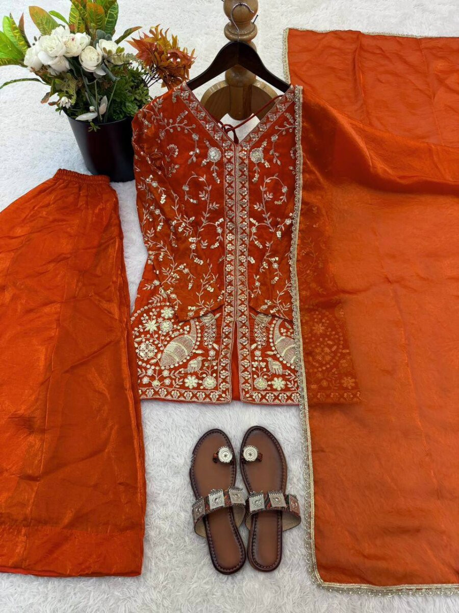 Orange Pure Fendy Silk Embroidery Sequins Wedding Party Festival Casual Ready Palazzo Pant Salwar Kameez