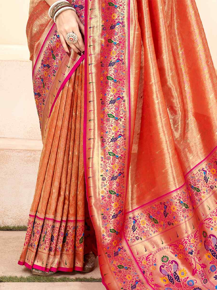 Orange Pure Handloom Silk Handwoven Wedding Festival Heavy Border Saree