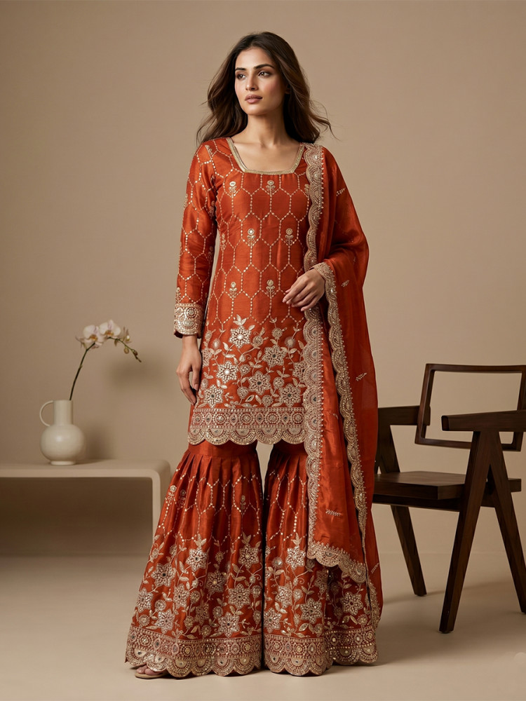 Image of Orange Pure Heavy Gmy Silk Embroidery Sequins Real Mirror Hand Work Wedding Party Festival Casual Ready Sharara Pant Salwar Kameez