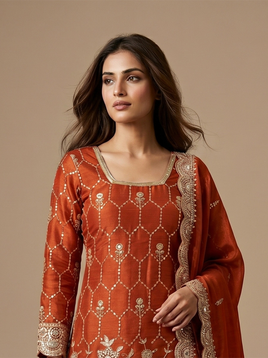 Orange Pure Heavy Gmy Silk Embroidery Sequins Real Mirror Hand Work Wedding Party Festival Casual Ready Sharara Pant Salwar Kameez