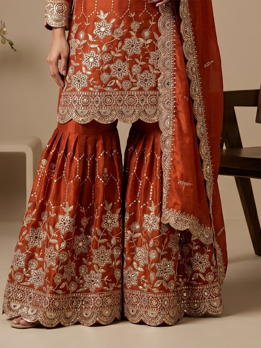 Orange Pure Heavy Gmy Silk Embroidery Sequins Real Mirror Hand Work Wedding Party Festival Casual Ready Sharara Pant Salwar Kameez