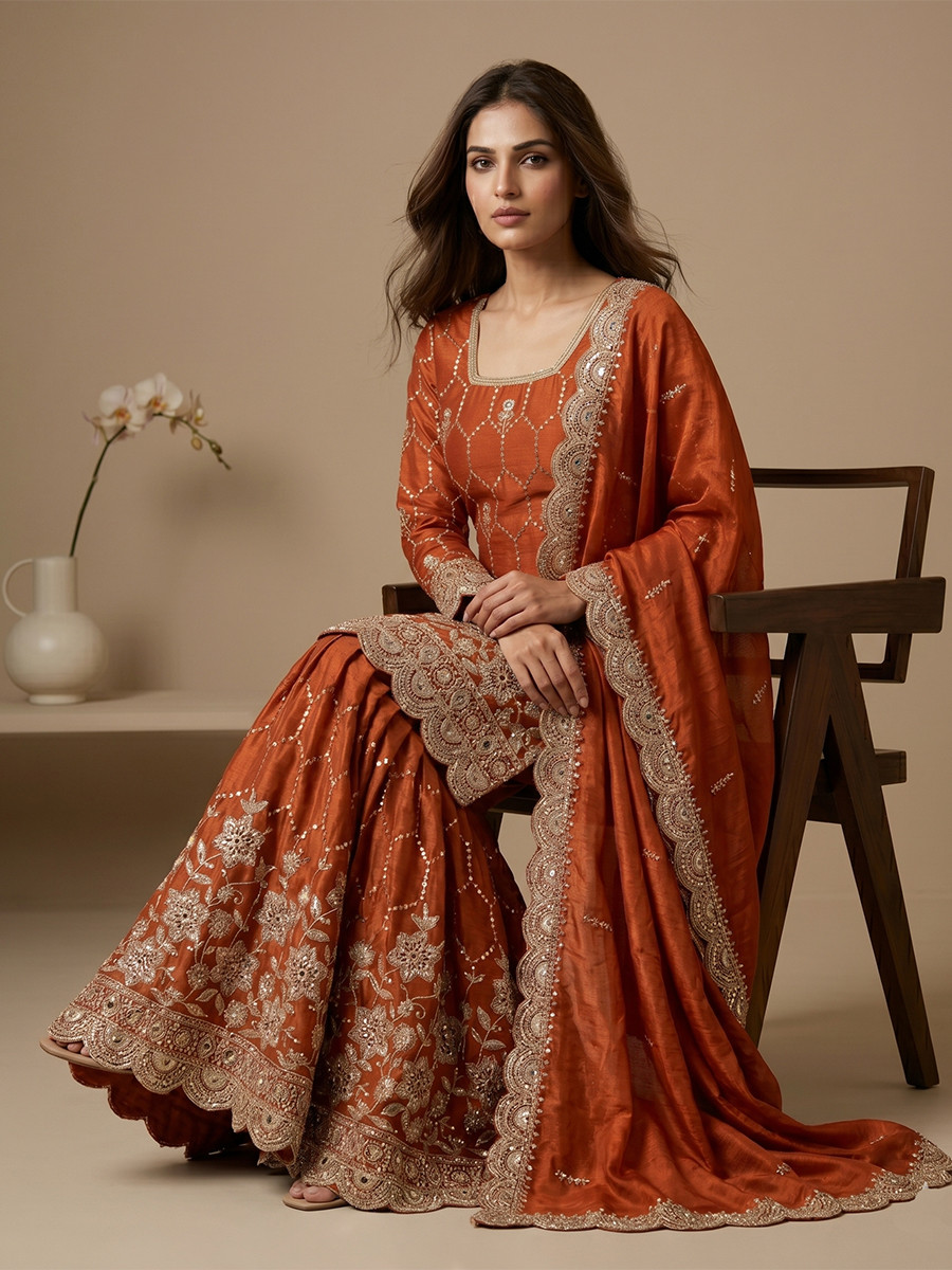 Orange Pure Heavy Gmy Silk Embroidery Sequins Real Mirror Hand Work Wedding Party Festival Casual Ready Sharara Pant Salwar Kameez