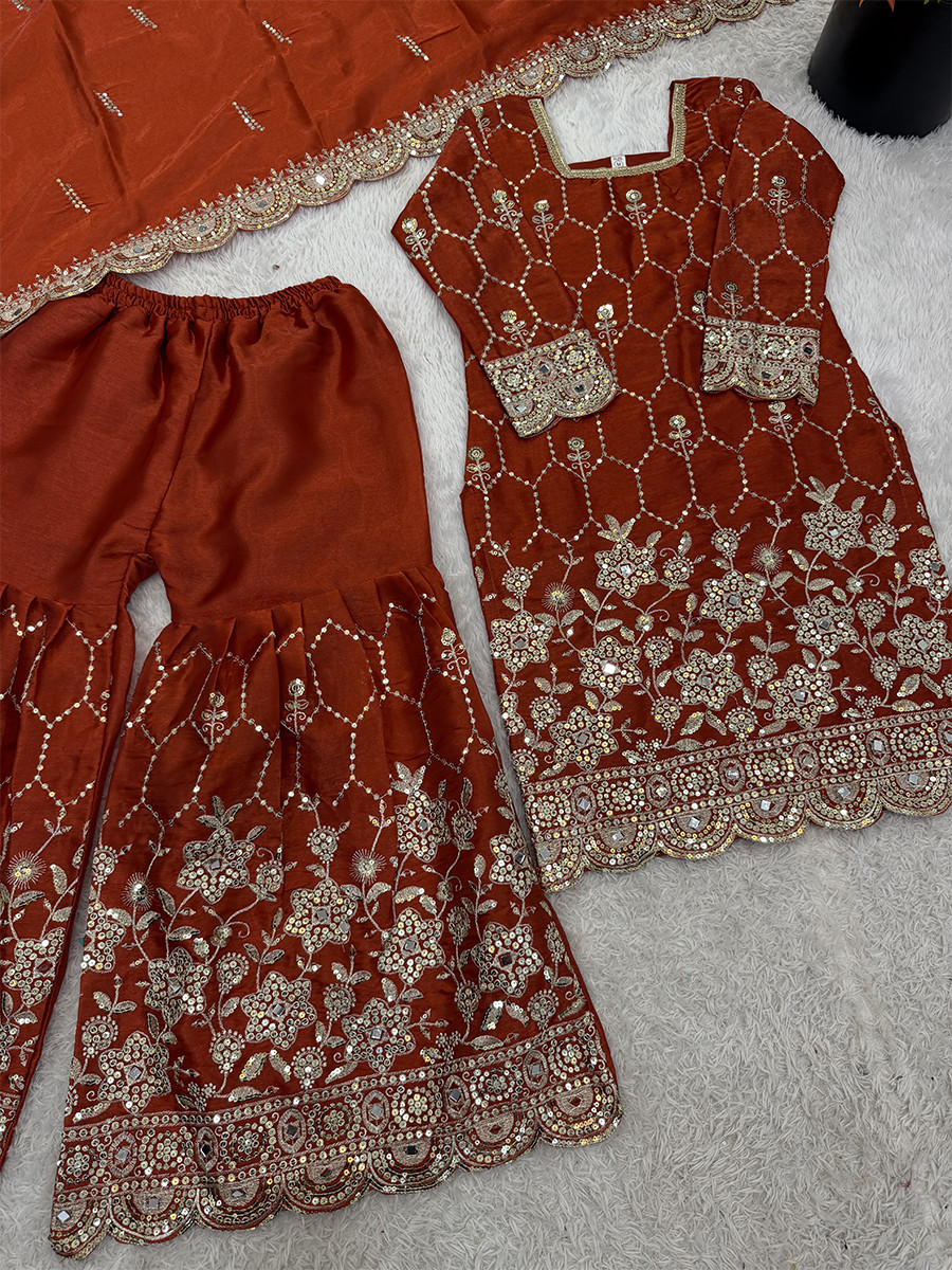 Orange Pure Heavy Gmy Silk Embroidery Sequins Real Mirror Hand Work Wedding Party Festival Casual Ready Sharara Pant Salwar Kameez