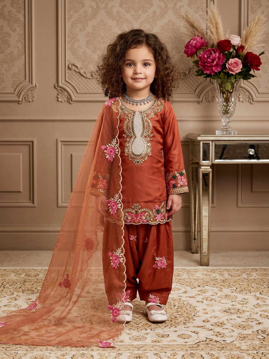 Orange Pure Heavy Natural Crepe Embroidered Sequence Traditional Ethnic Casual Festival Party Wedding Salwars Girls Wear