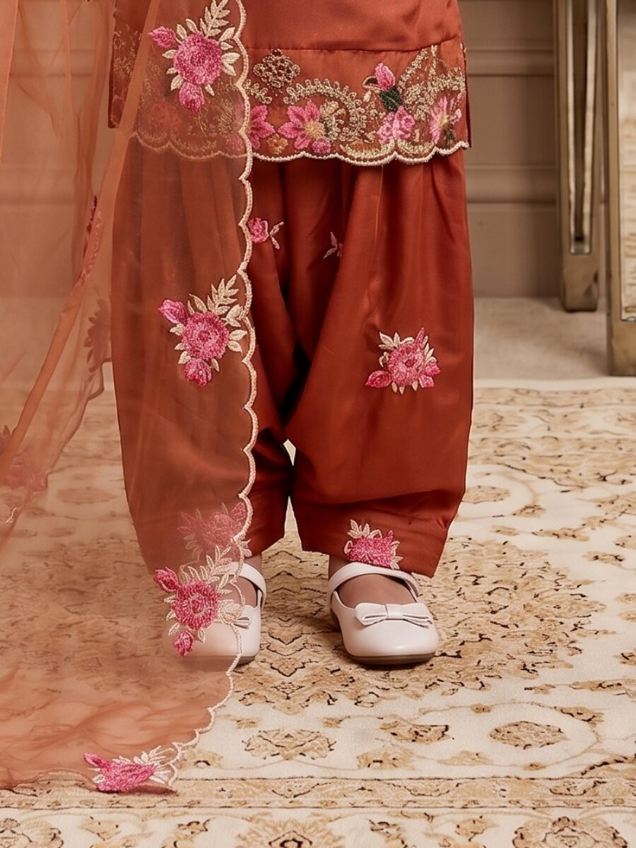 Orange Pure Heavy Natural Crepe Embroidered Sequence Traditional Ethnic Casual Festival Party Wedding Salwars Girls Wear