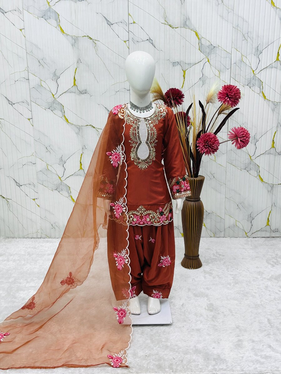 Orange Pure Heavy Natural Crepe Embroidered Sequence Traditional Ethnic Casual Festival Party Wedding Salwars Girls Wear