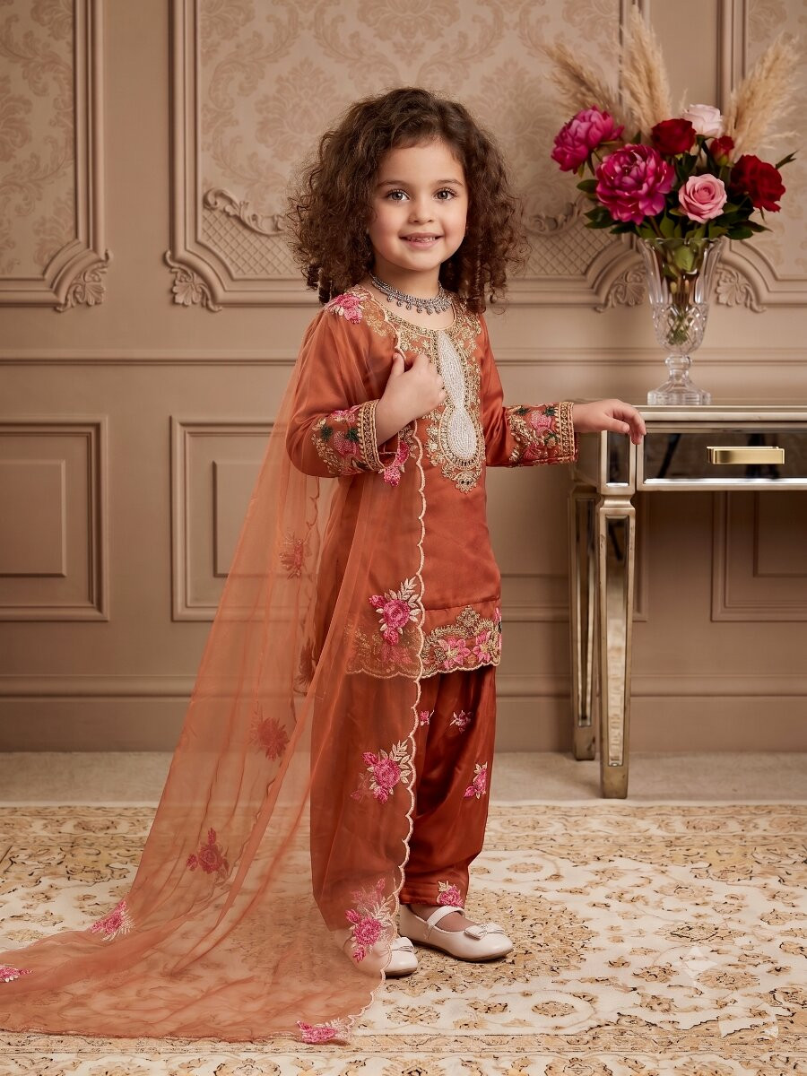 Orange Pure Heavy Natural Crepe Embroidered Sequence Traditional Ethnic Casual Festival Party Wedding Salwars Girls Wear