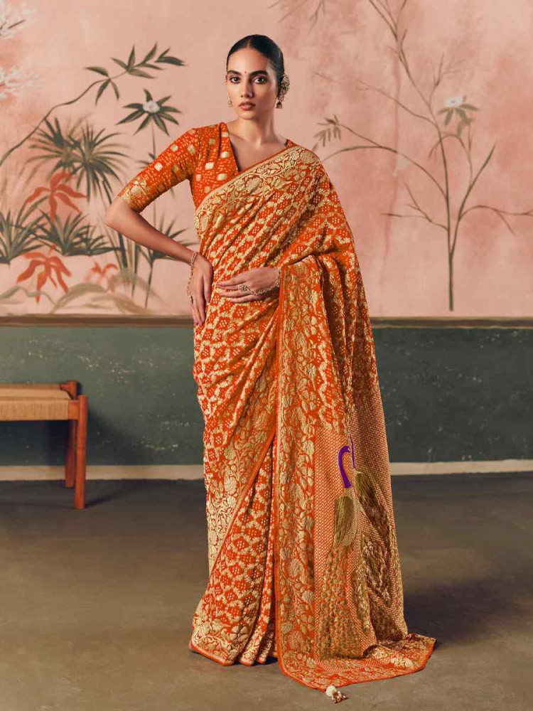 Image of Orange Pure Khaddi Georgette With Designer Bandhej Weaving  Zari Handwoven Bridal Reception Festival Wedding Fancy Heavy Border Saree