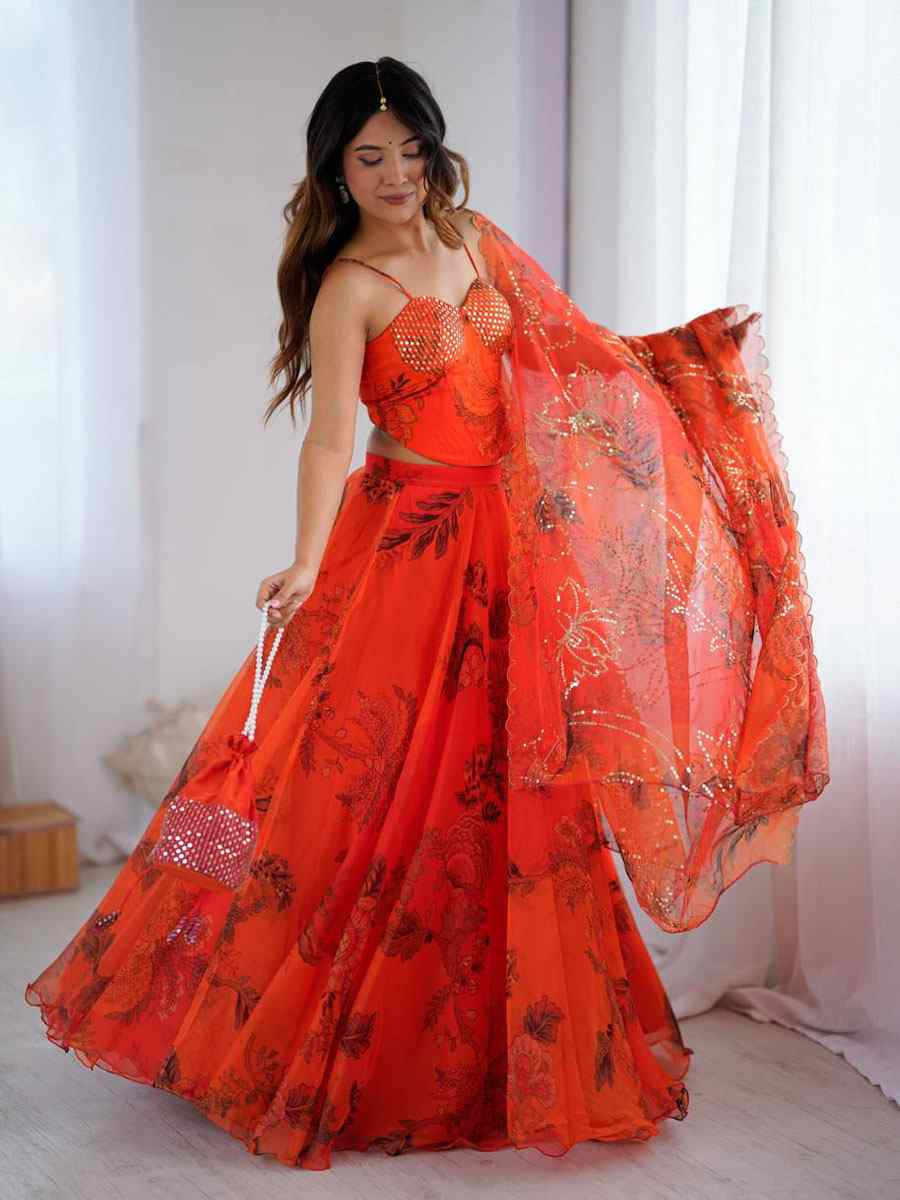 Orange Pure Organza Embroidered Printed Wedding Reception Festival Heavy Border Lehenga Choli
