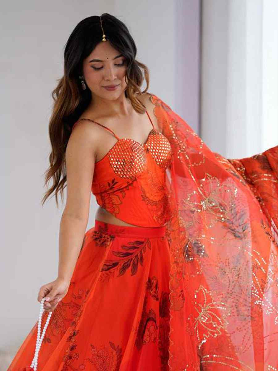 Orange Pure Organza Embroidered Printed Wedding Reception Festival Heavy Border Lehenga Choli