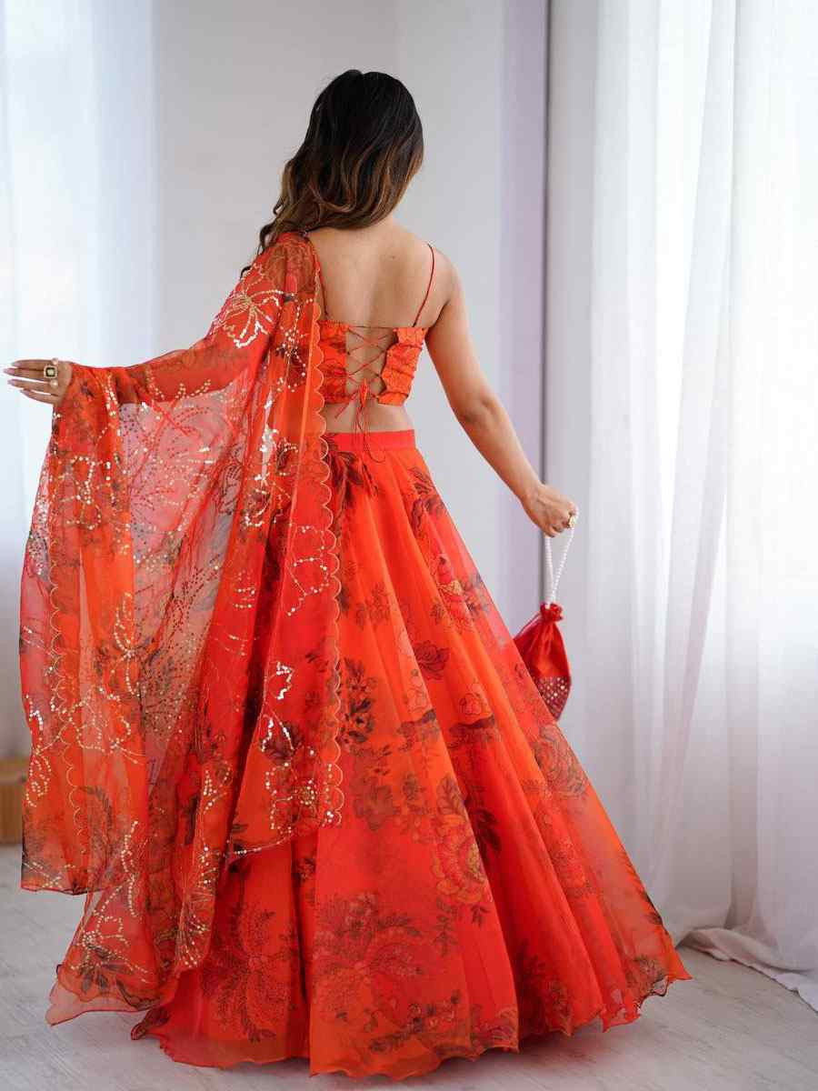 Orange Pure Organza Embroidered Printed Wedding Reception Festival Heavy Border Lehenga Choli