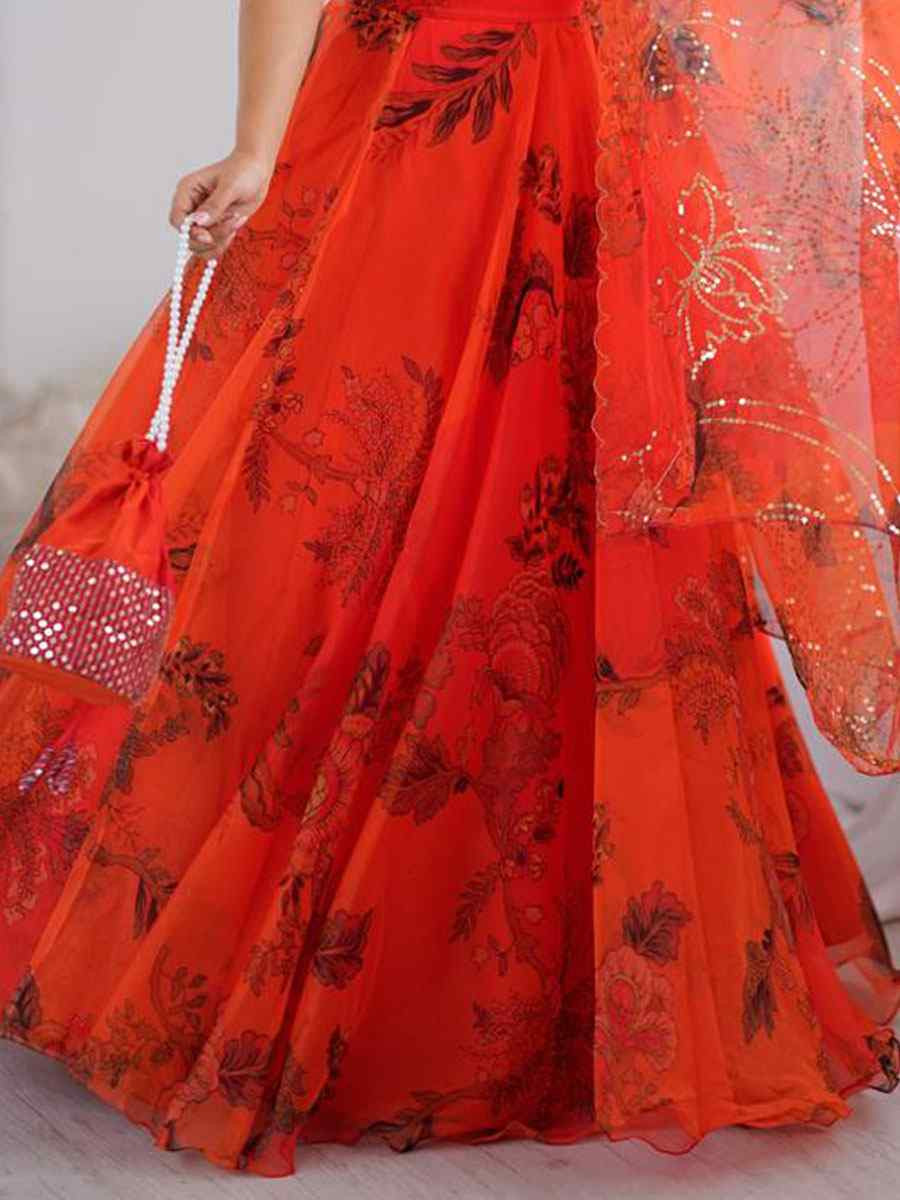 Orange Pure Organza Embroidered Printed Wedding Reception Festival Heavy Border Lehenga Choli