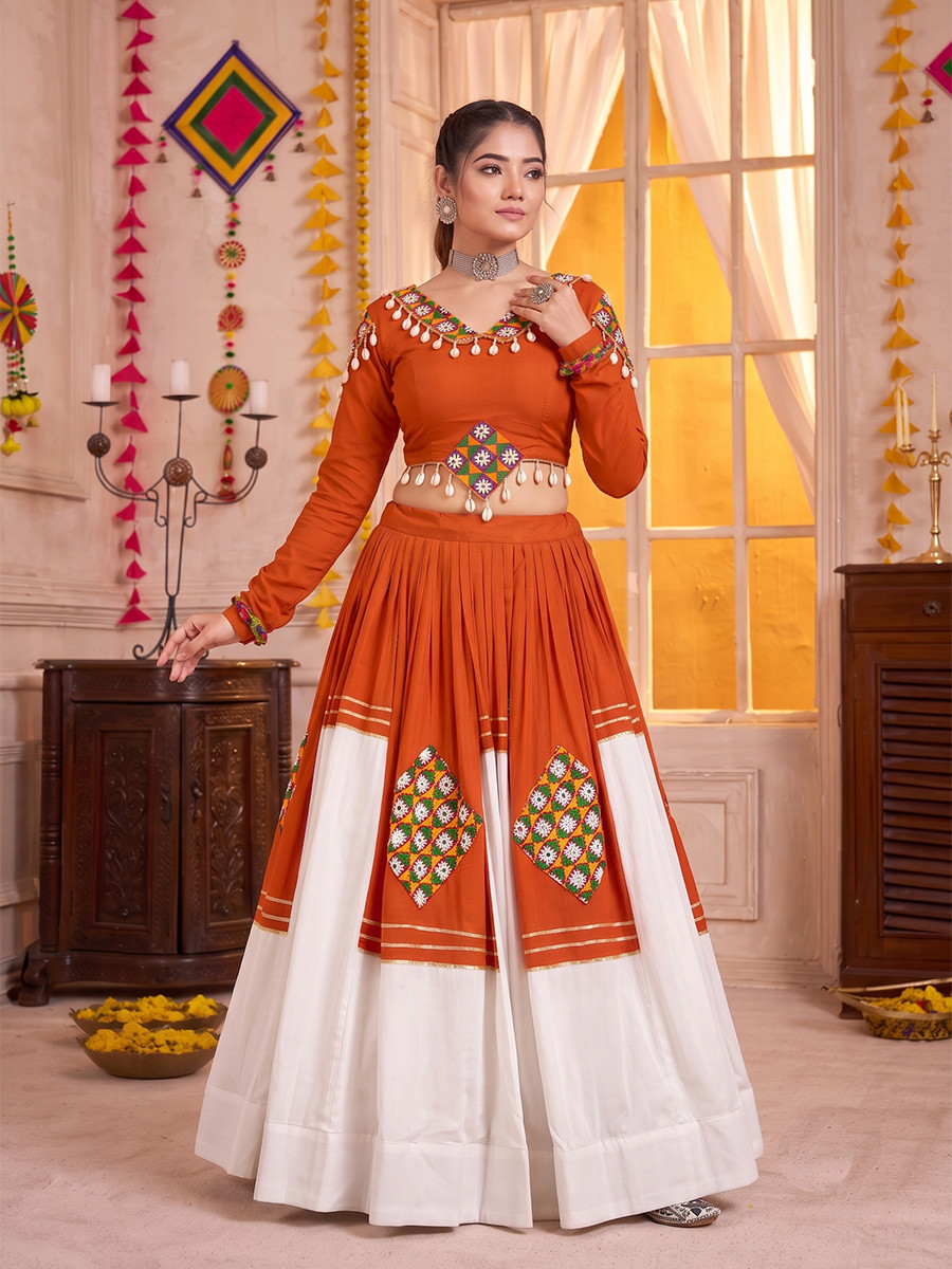 Orange Pure Rayon Gamthi Patch Wedding Reception Festival Party Wear Circular Lehenga Choli
