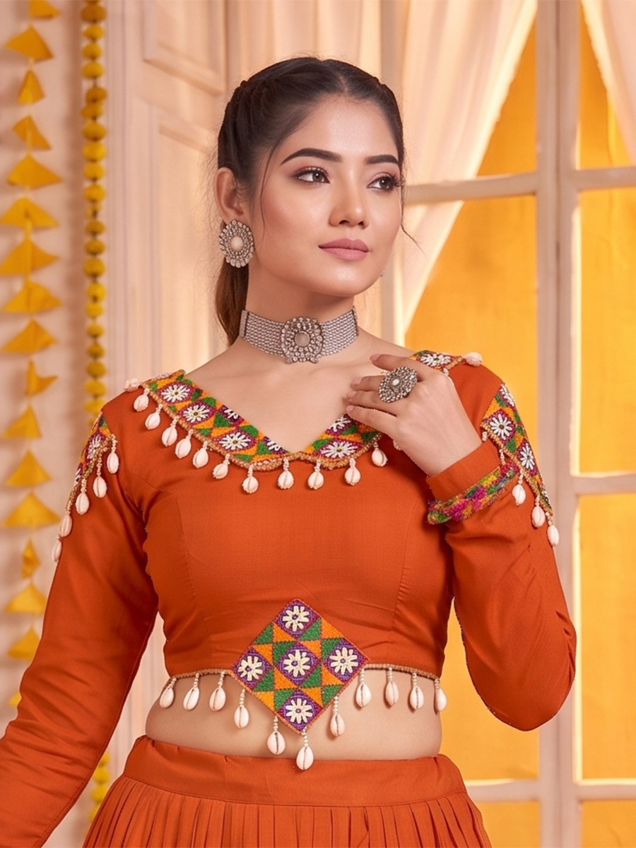 Orange Pure Rayon Gamthi Patch Wedding Reception Festival Party Wear Circular Lehenga Choli