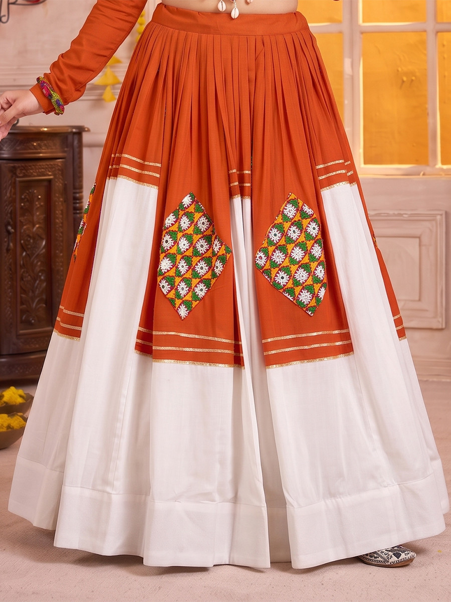 Orange Pure Rayon Gamthi Patch Wedding Reception Festival Party Wear Circular Lehenga Choli