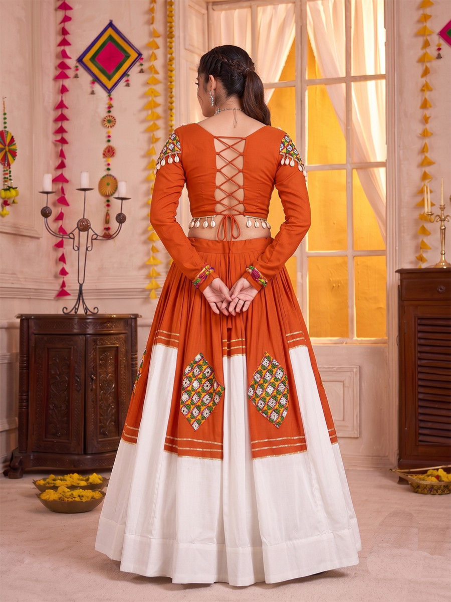 Orange Pure Rayon Gamthi Patch Wedding Reception Festival Party Wear Circular Lehenga Choli
