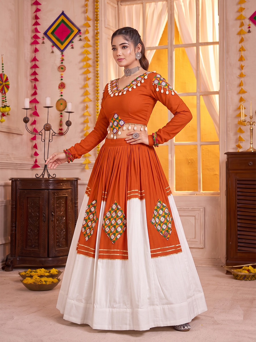 Orange Pure Rayon Gamthi Patch Wedding Reception Festival Party Wear Circular Lehenga Choli