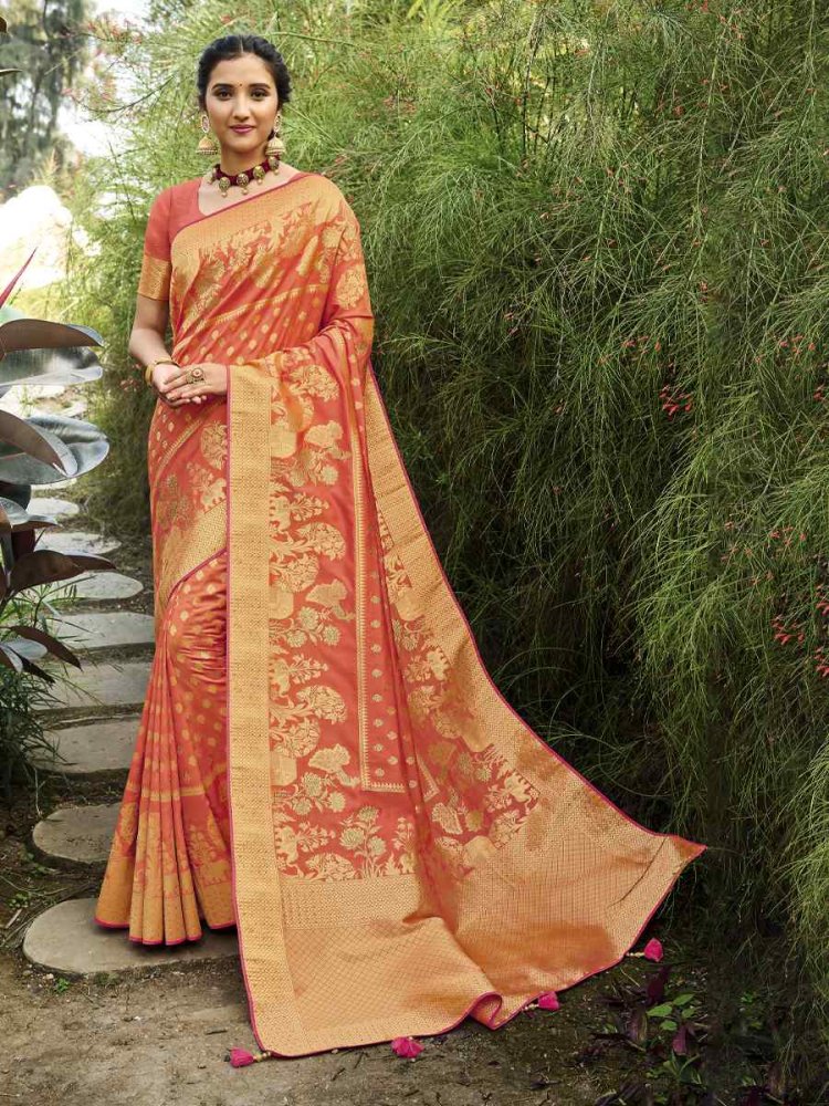 Orange Pure Satin Banarasi Silk Handwoven Wedding Festival Heavy Border Saree