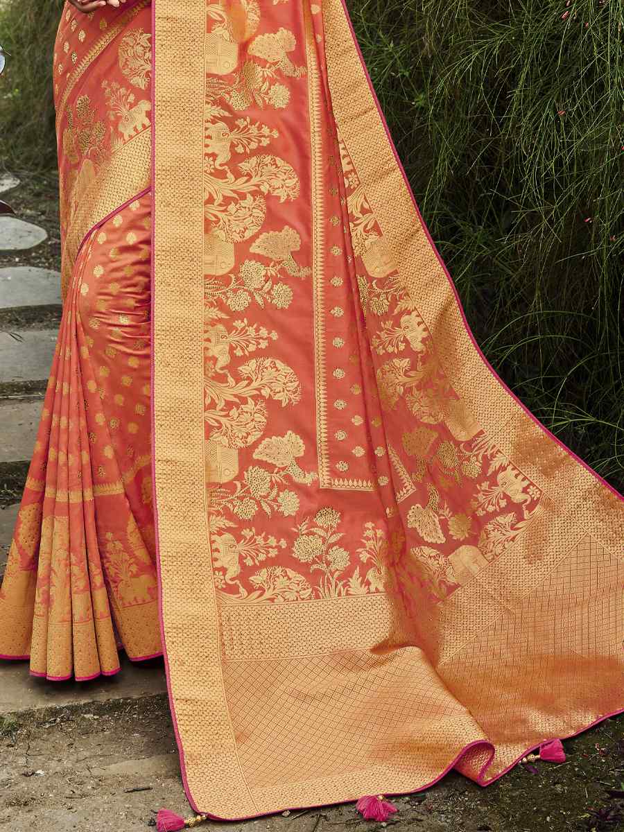 Orange Pure Satin Banarasi Silk Handwoven Wedding Festival Heavy Border Saree