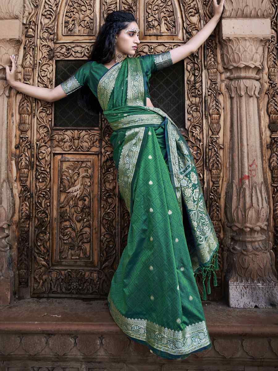 Green Pure Satin Banarasi Silk Handwoven Wedding Festival Heavy Border Saree