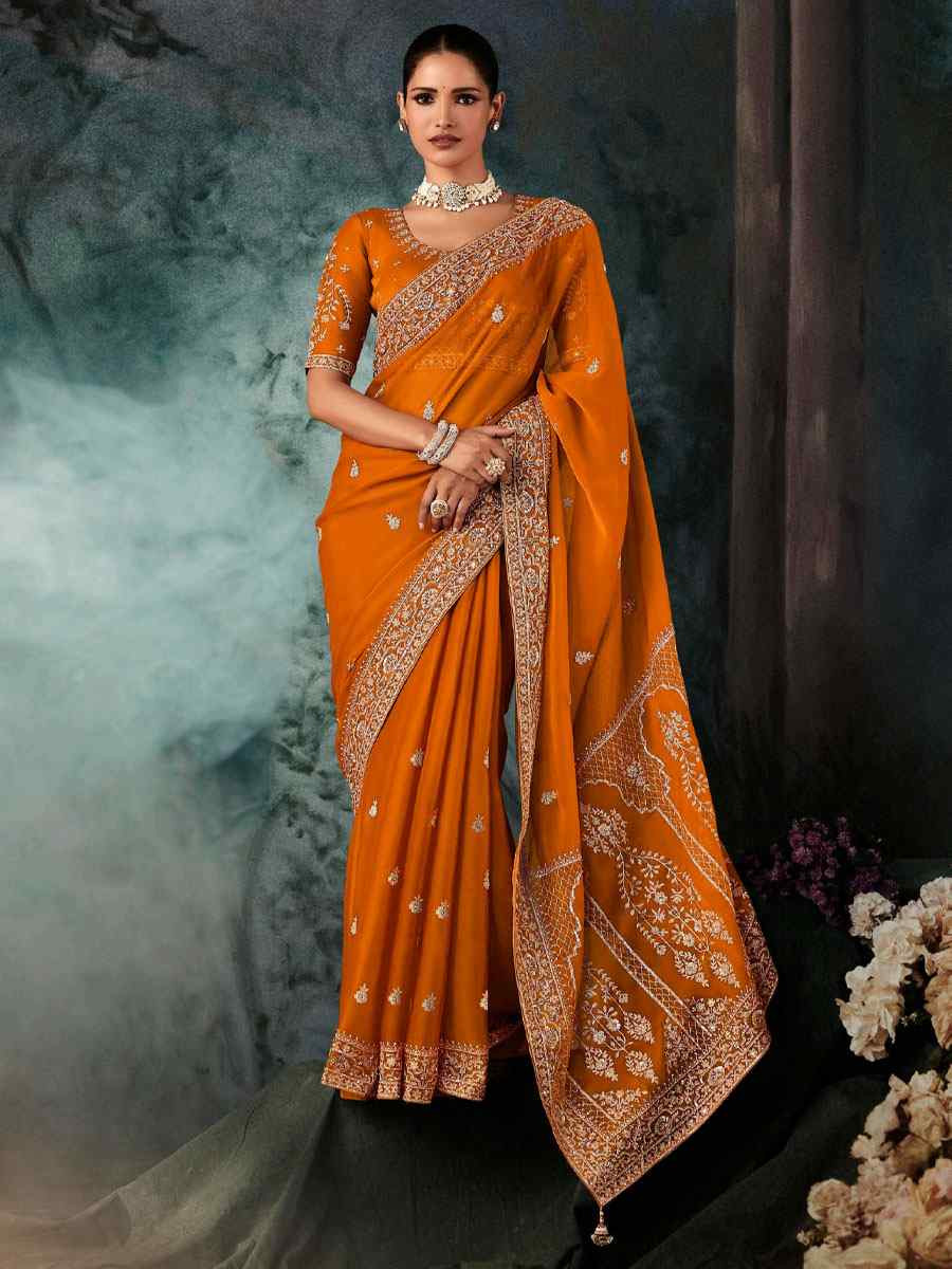 Orange Pure Silk Embroidery Bridal Reception Festival Wedding Fancy Classic Heavy Border Saree