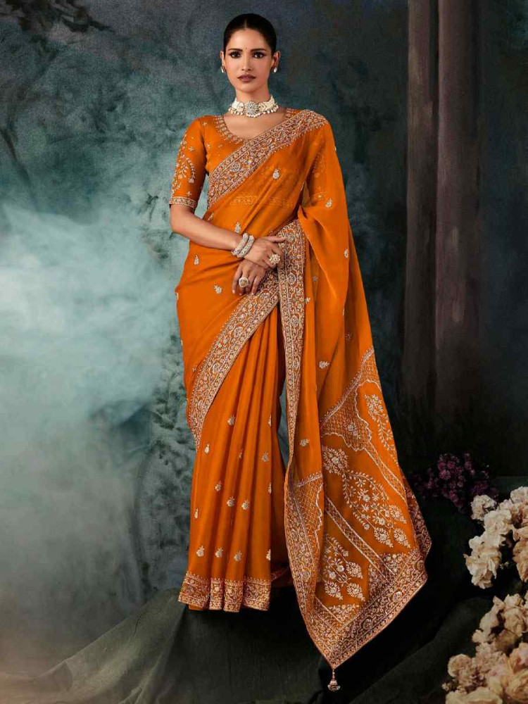 Image of Orange Pure Silk Embroidery Bridal Reception Festival Wedding Fancy Classic Heavy Border Saree