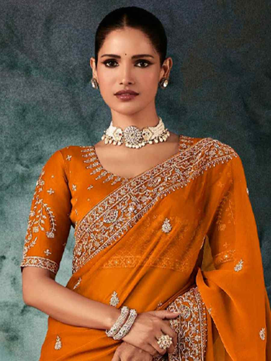 Orange Pure Silk Embroidery Bridal Reception Festival Wedding Fancy Classic Heavy Border Saree