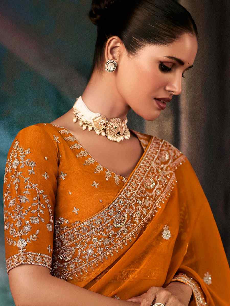 Orange Pure Silk Embroidery Bridal Reception Festival Wedding Fancy Classic Heavy Border Saree
