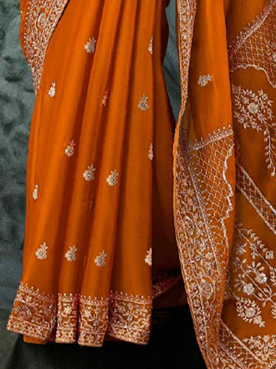 Orange Pure Silk Embroidery Bridal Reception Festival Wedding Fancy Classic Heavy Border Saree