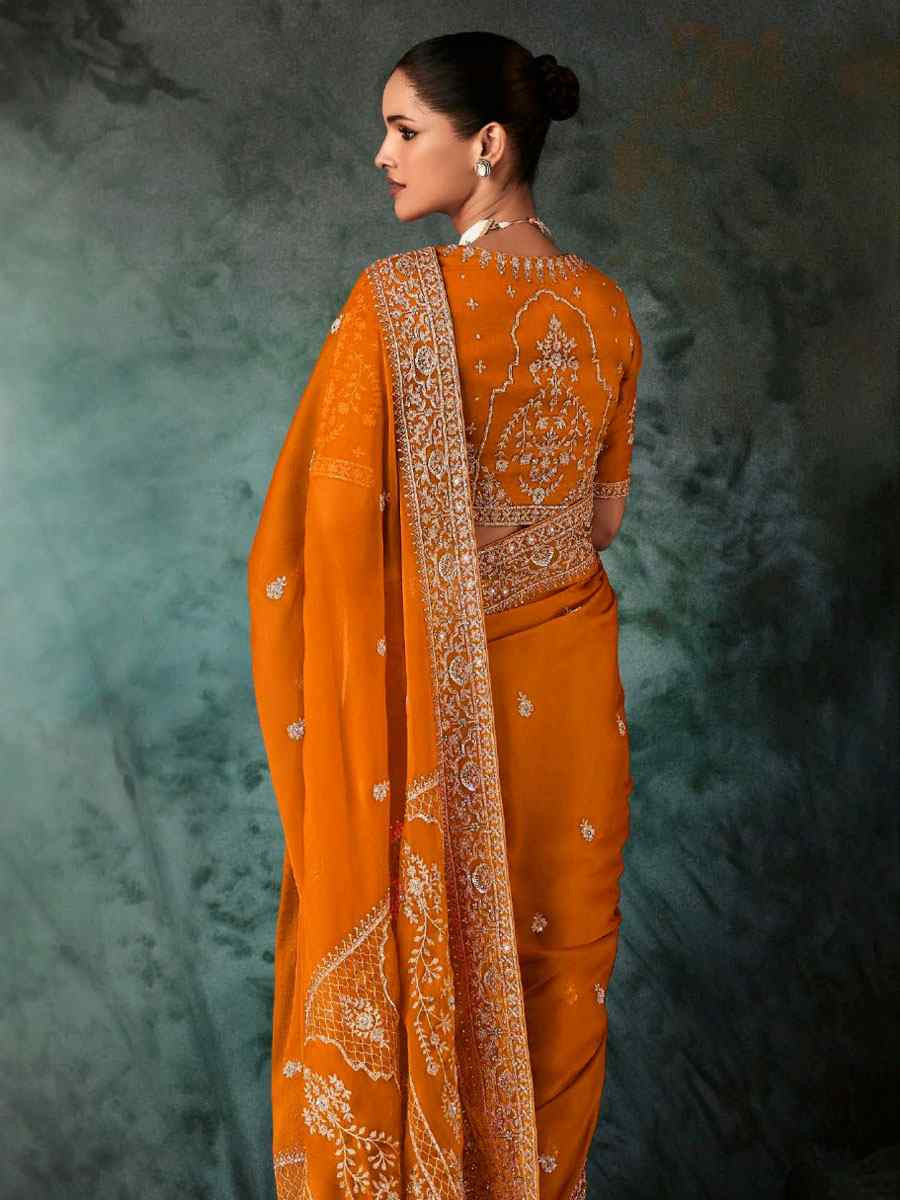 Orange Pure Silk Embroidery Bridal Reception Festival Wedding Fancy Classic Heavy Border Saree