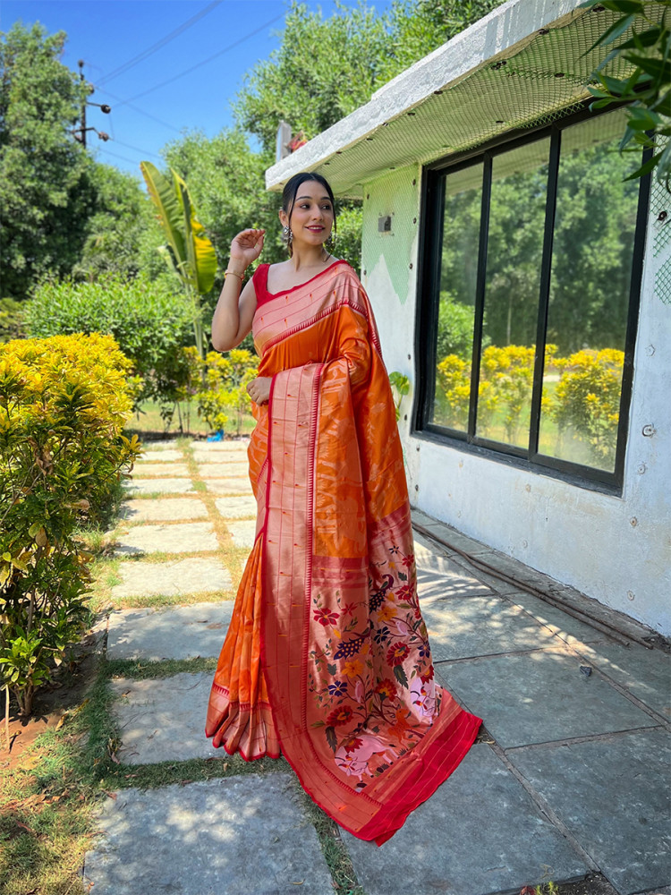 Image of Orange Pure Soft Paithani Silk Zari Wedding Reception Party Festival Casual Heavy Border Sarees