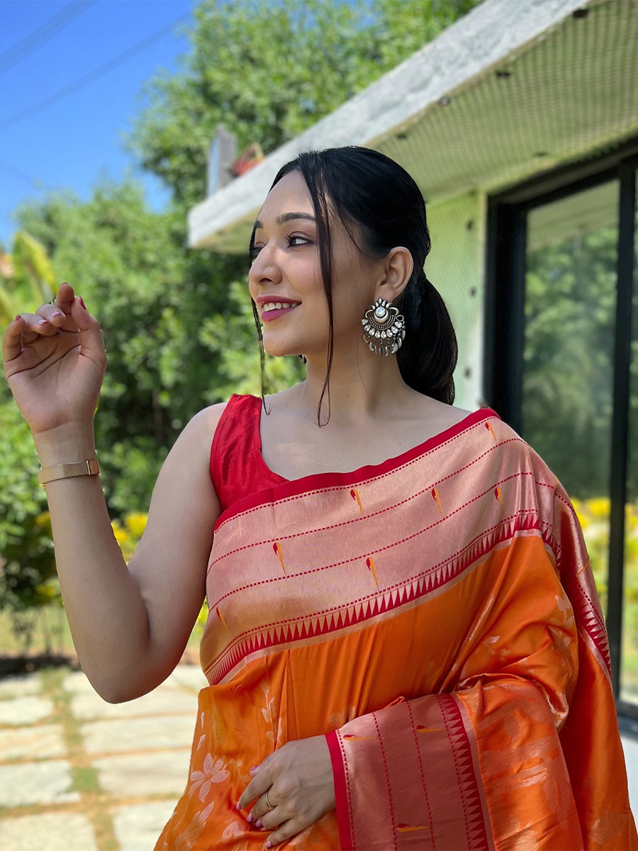 Orange Pure Soft Paithani Silk Zari Wedding Reception Party Festival Casual Heavy Border Sarees