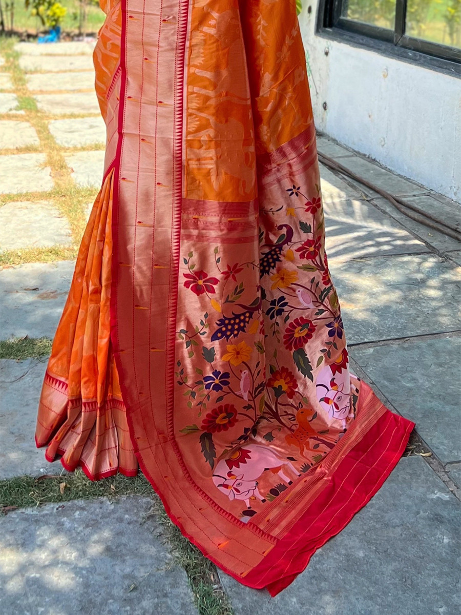 Orange Pure Soft Paithani Silk Zari Wedding Reception Party Festival Casual Heavy Border Sarees