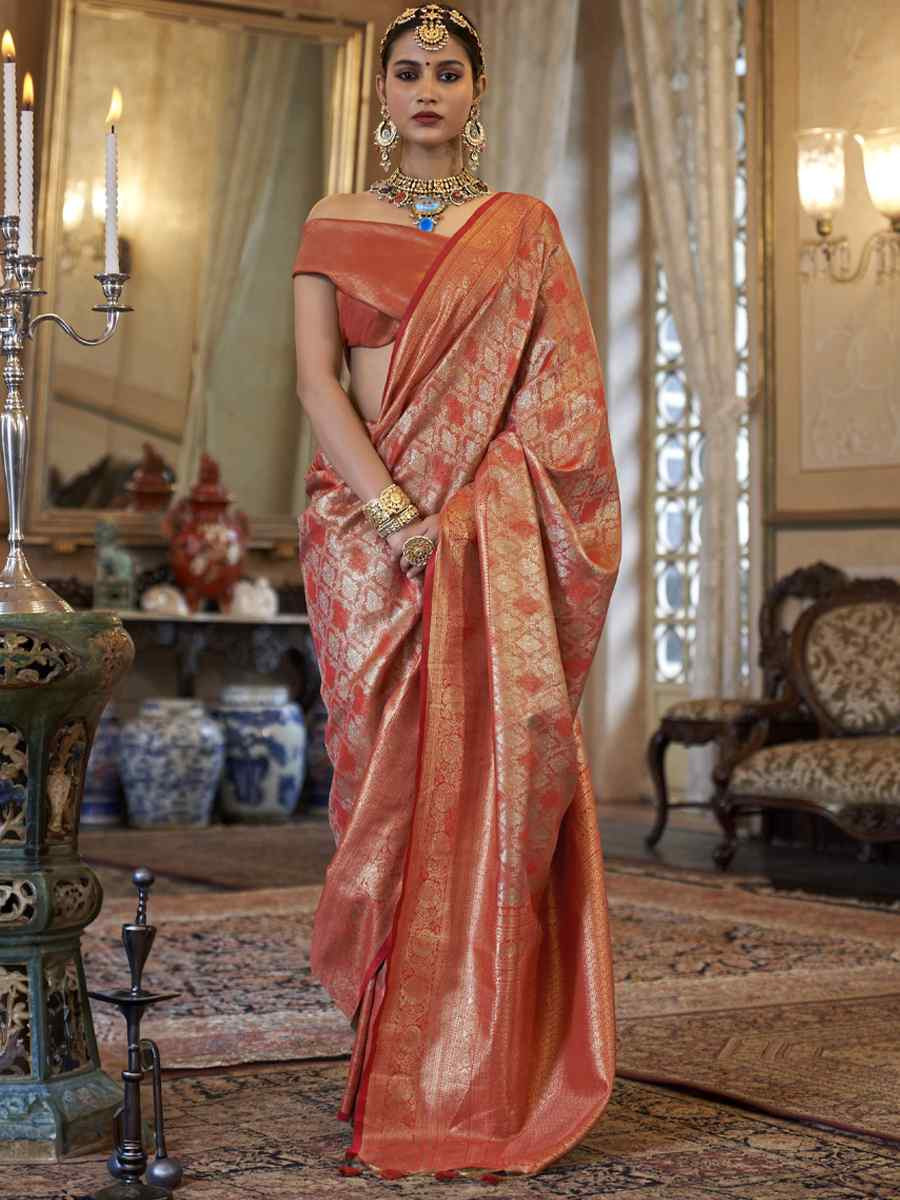 Orange Pure Tissue Dharmavaram Silk Handwoven Party Bridal Reception Festival Wedding Fancy Heavy Border Saree