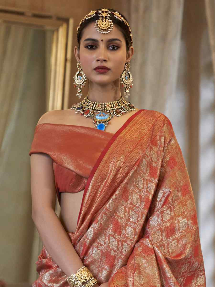 Orange Pure Tissue Dharmavaram Silk Handwoven Party Bridal Reception Festival Wedding Fancy Heavy Border Saree