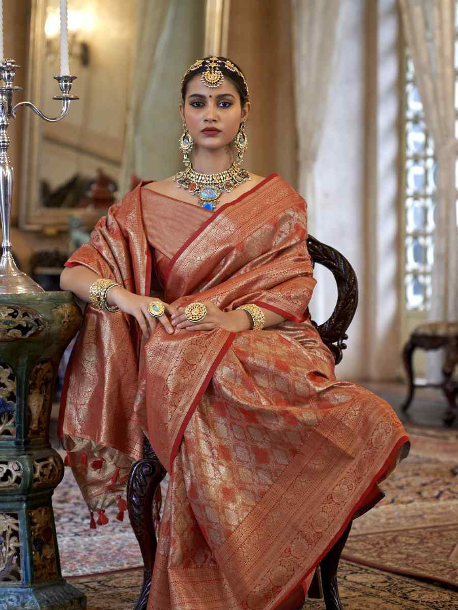Orange Pure Tissue Dharmavaram Silk Handwoven Party Bridal Reception Festival Wedding Fancy Heavy Border Saree