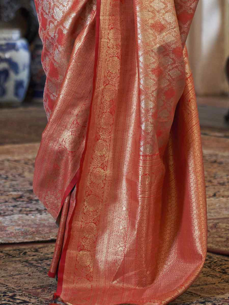 Orange Pure Tissue Dharmavaram Silk Handwoven Party Bridal Reception Festival Wedding Fancy Heavy Border Saree