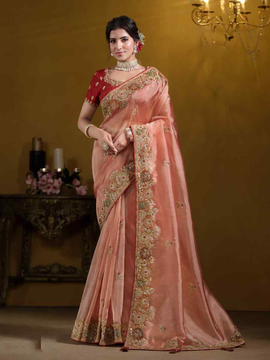 Orange Pure Twill Tissue Embroidered Festival Wedding Fancy Heavy Border Saree