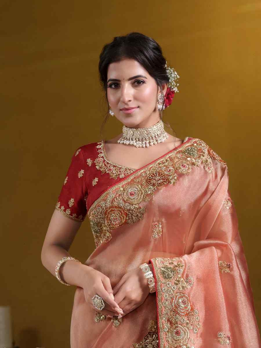 Orange Pure Twill Tissue Embroidered Festival Wedding Fancy Heavy Border Saree
