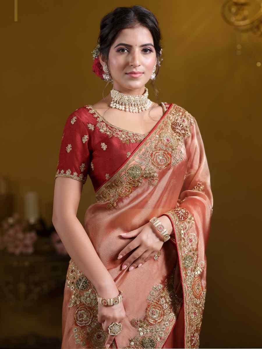 Orange Pure Twill Tissue Embroidered Festival Wedding Fancy Heavy Border Saree