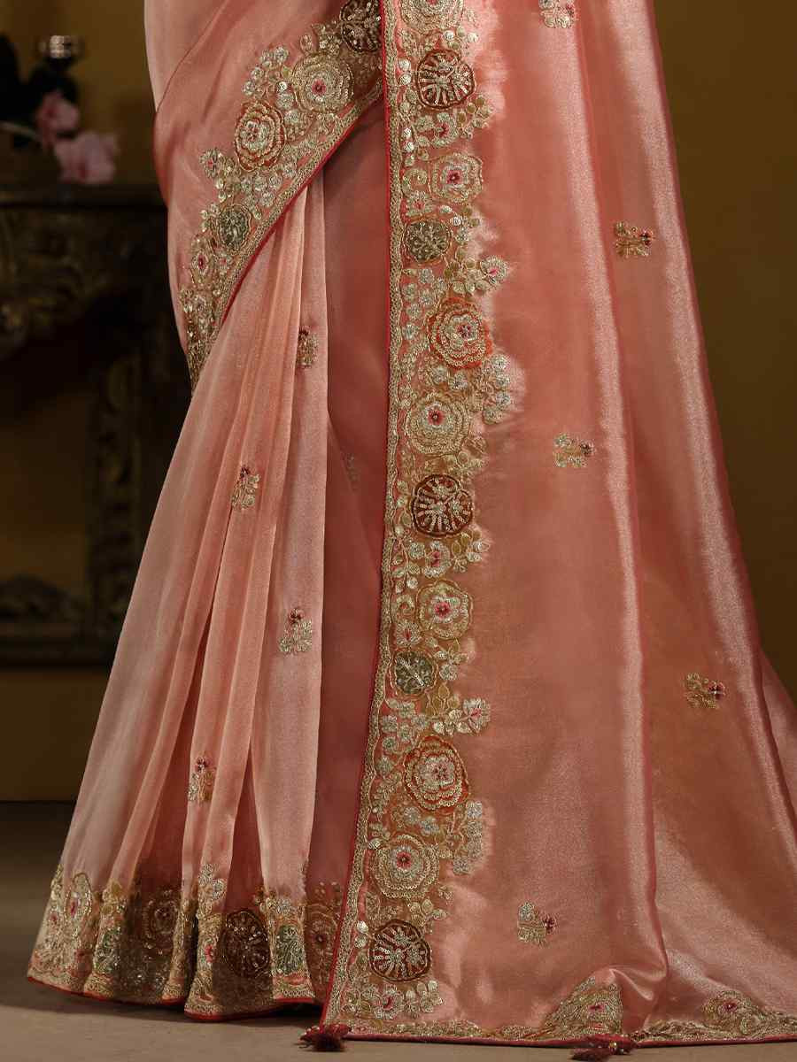Orange Pure Twill Tissue Embroidered Festival Wedding Fancy Heavy Border Saree