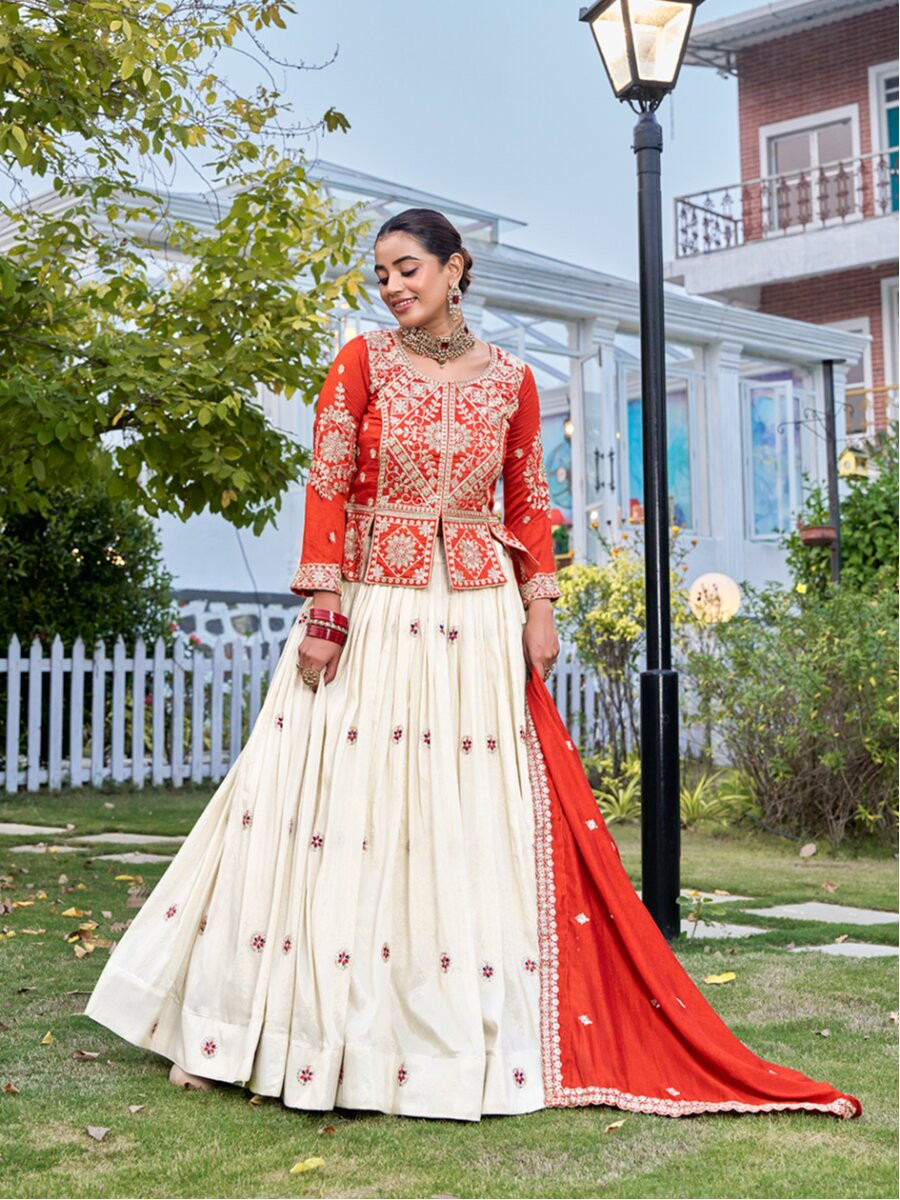 Orange Pure Vichitra Embroidery Wedding Party Festival Traditional Lehenga Choli
