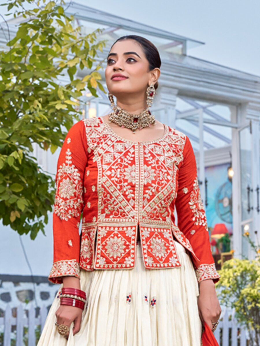 Orange Pure Vichitra Embroidery Wedding Party Festival Traditional Lehenga Choli