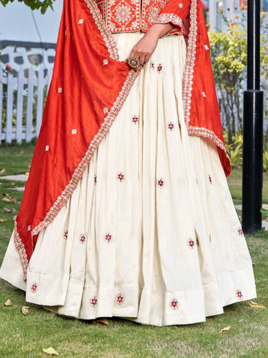 Orange Pure Vichitra Embroidery Wedding Party Festival Traditional Lehenga Choli